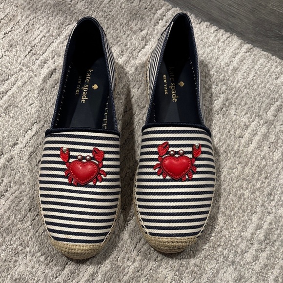 kate spade Shoes - Kate Spade Navy and White Striped Espadrilles with Red Crab size 8